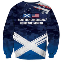 Unisex crewneck sweatshirt, blue camo with Scottish-American heritage month text, flag graphic