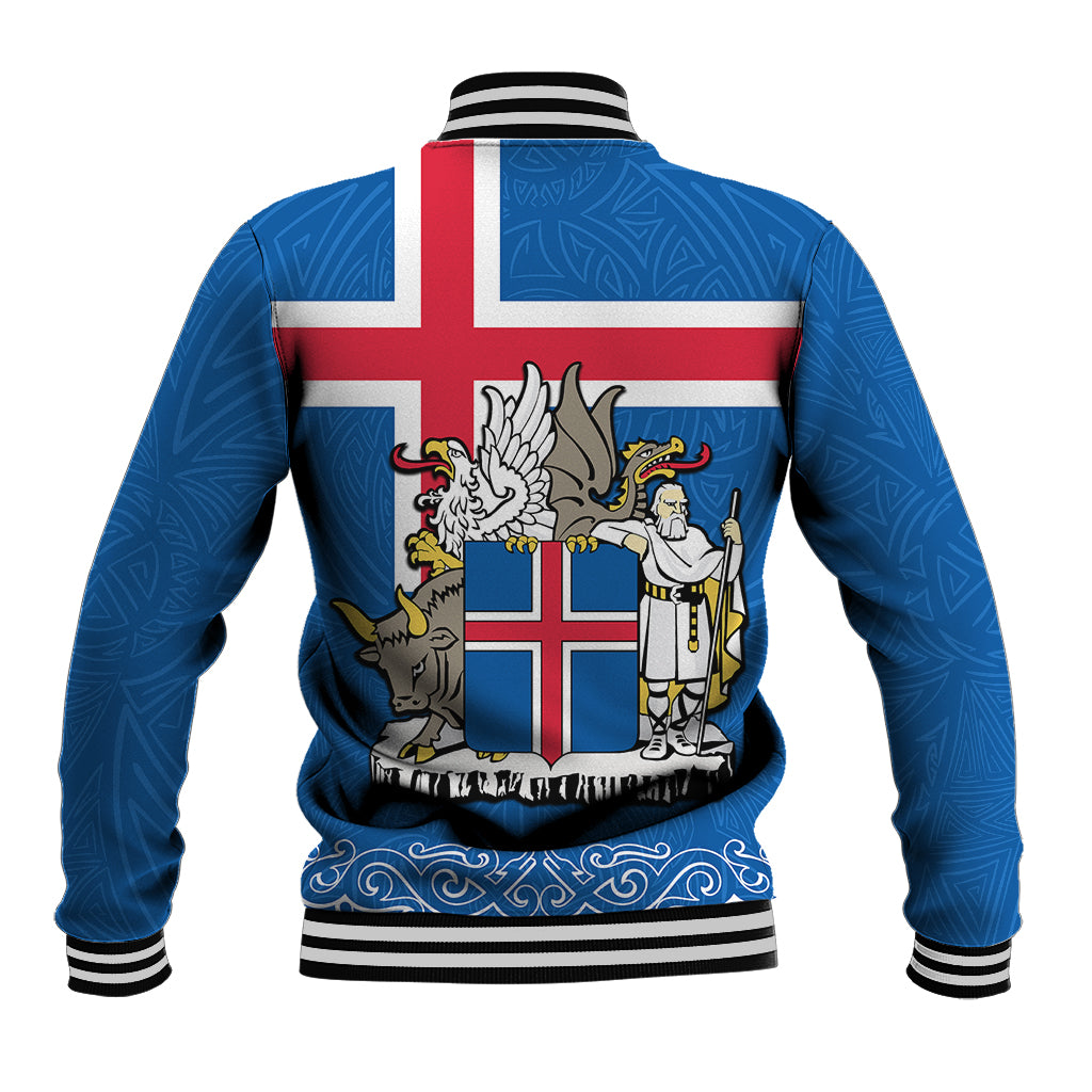 Blue baseball jacket with Iceland flag and coat of arms graphic on back, striped ribbed hem