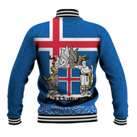 Blue baseball jacket with Iceland flag and coat of arms graphic on back, striped ribbed hem