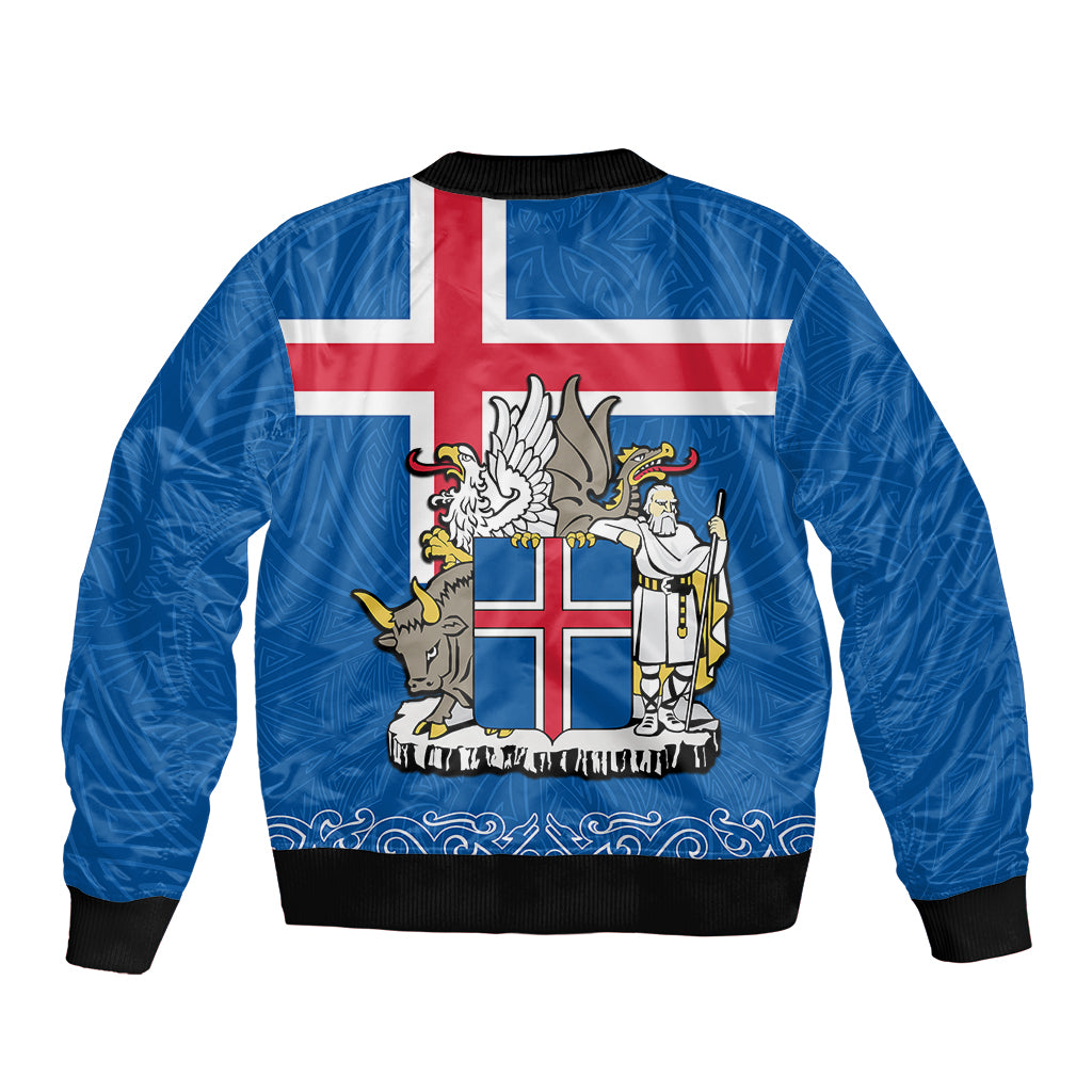 Blue bomber jacket with Iceland crest and flag print, ribbed hem and cuffs, zip front