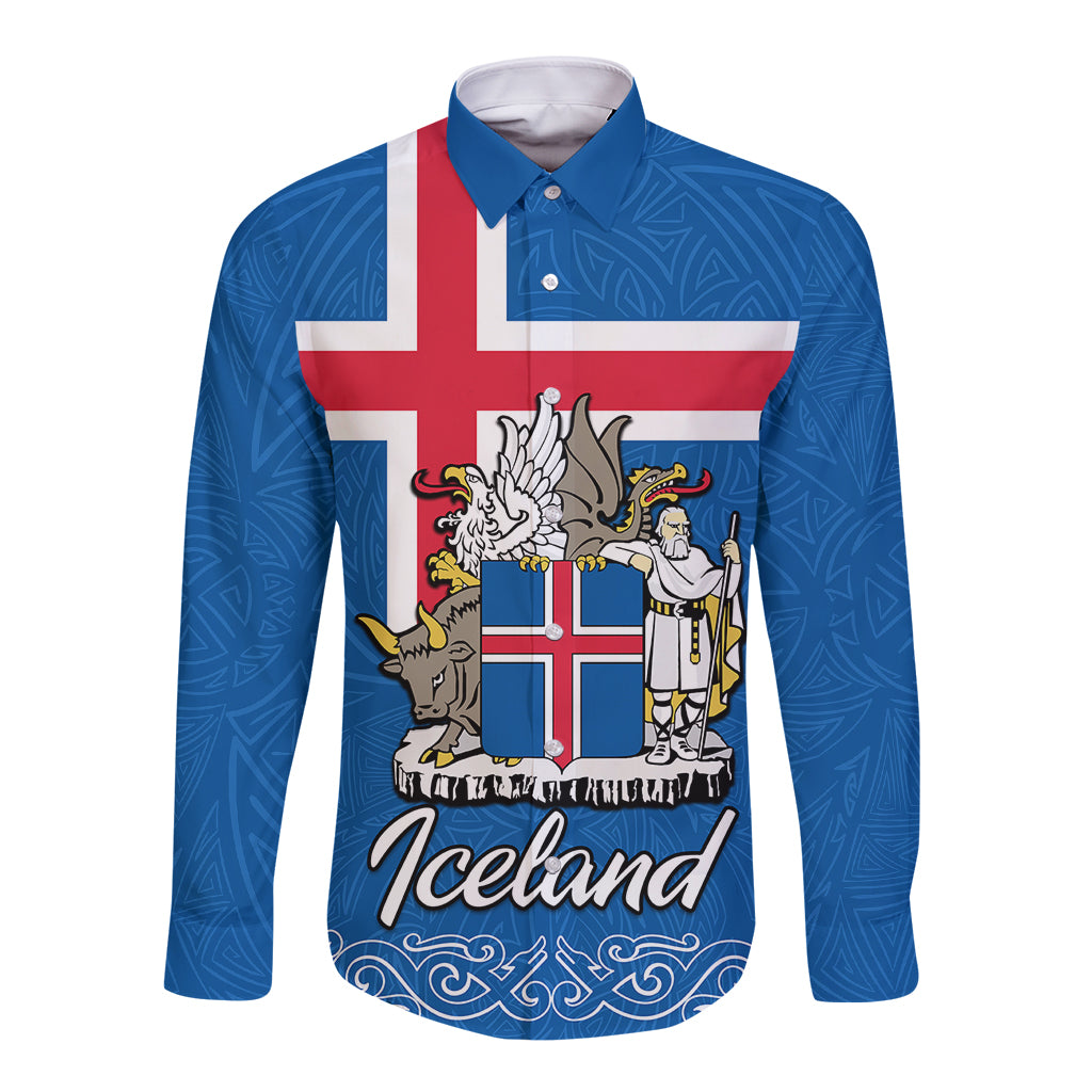 Blue long sleeve button shirt with Iceland flag crest graphic and spread collar
