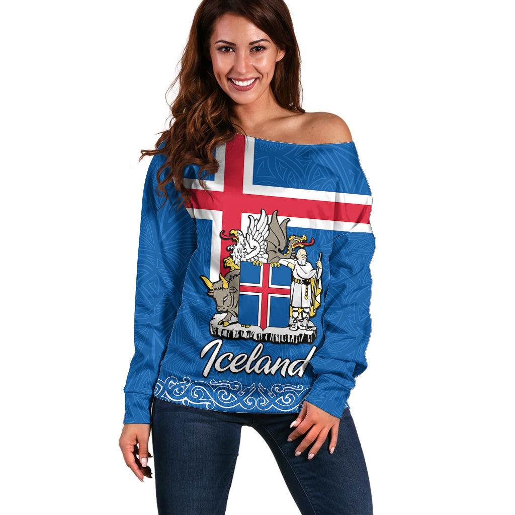 Iceland Off Shoulder Sweater Icelandic Coat Of Arms and Flag - Wonder Print Shop