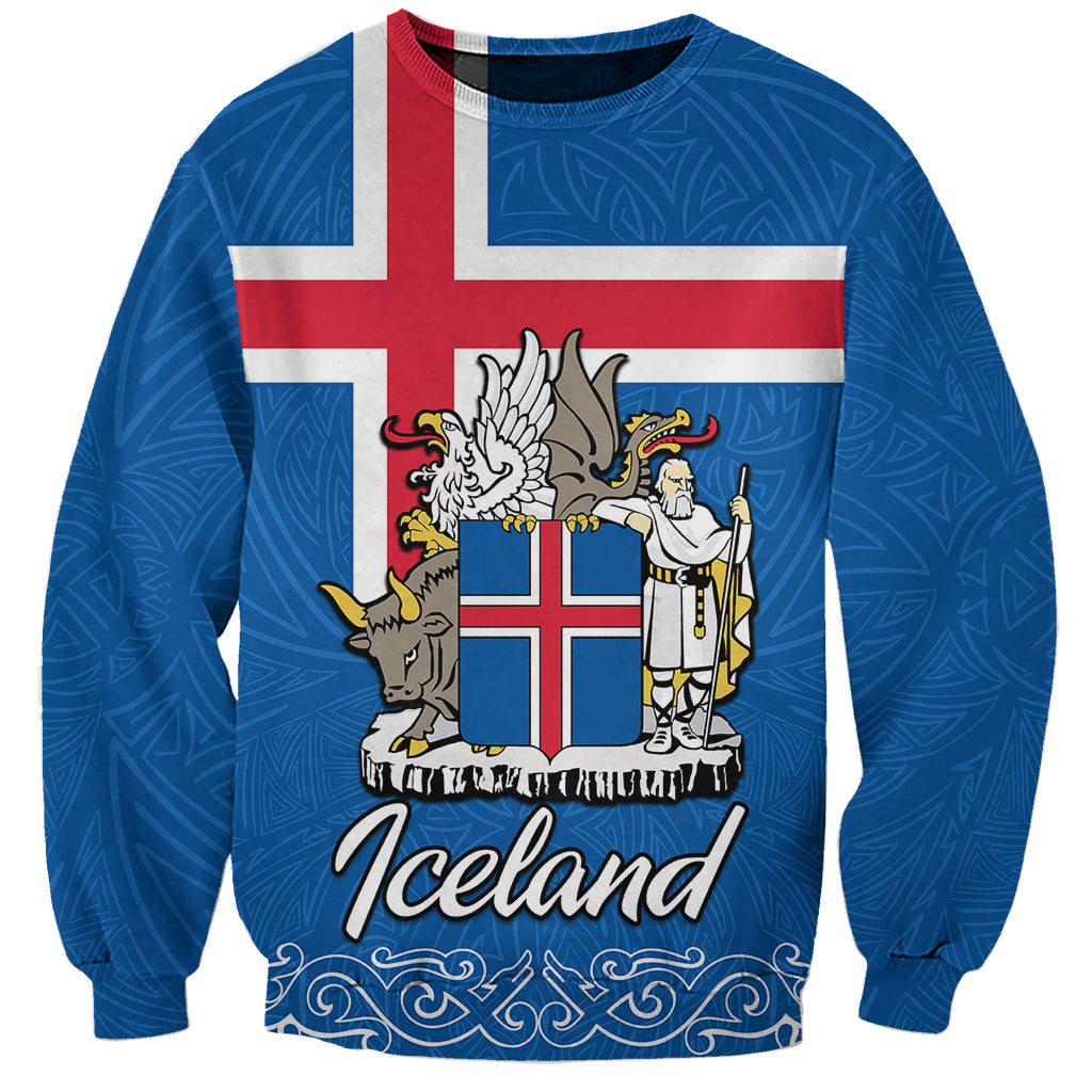 Blue unisex sweatshirt with Iceland flag crest and 'Iceland' graphic