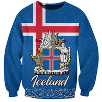 Blue unisex sweatshirt with Iceland flag crest and 'Iceland' graphic