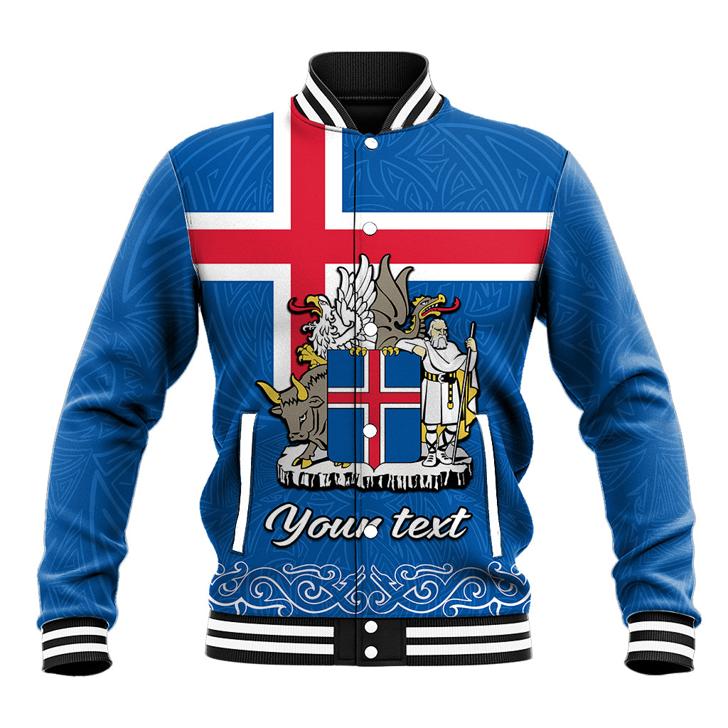 Blue Iceland baseball jacket with ribbed collar, cuffs, and Iceland crest and flag print