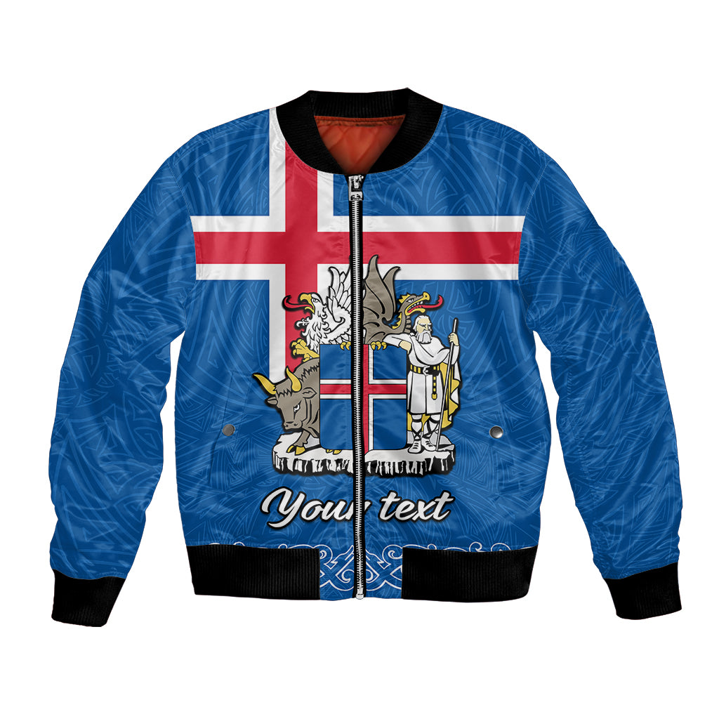 Blue bomber jacket with zip front, Iceland flag graphic on chest, ribbed cuffs
