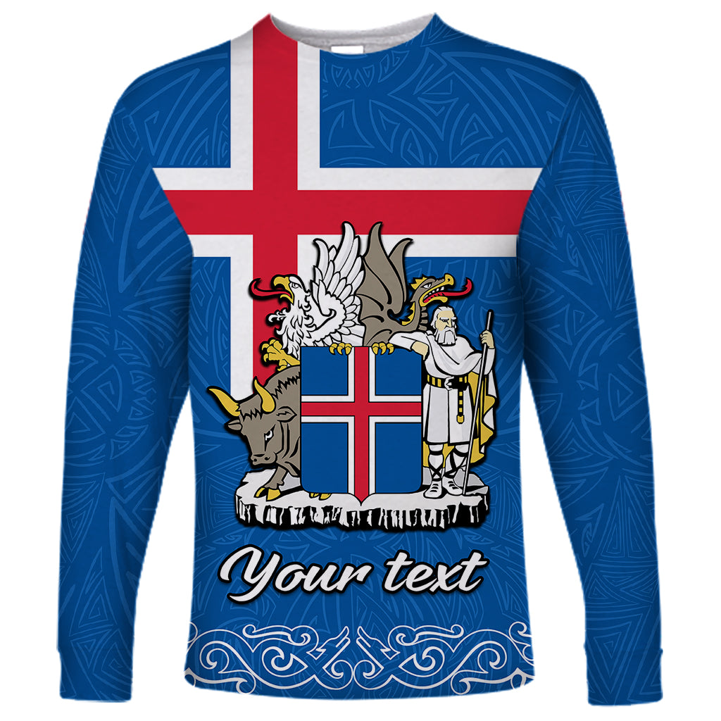 Blue long sleeve shirt with Iceland flag and coat of arms, centered with 'Your text'.