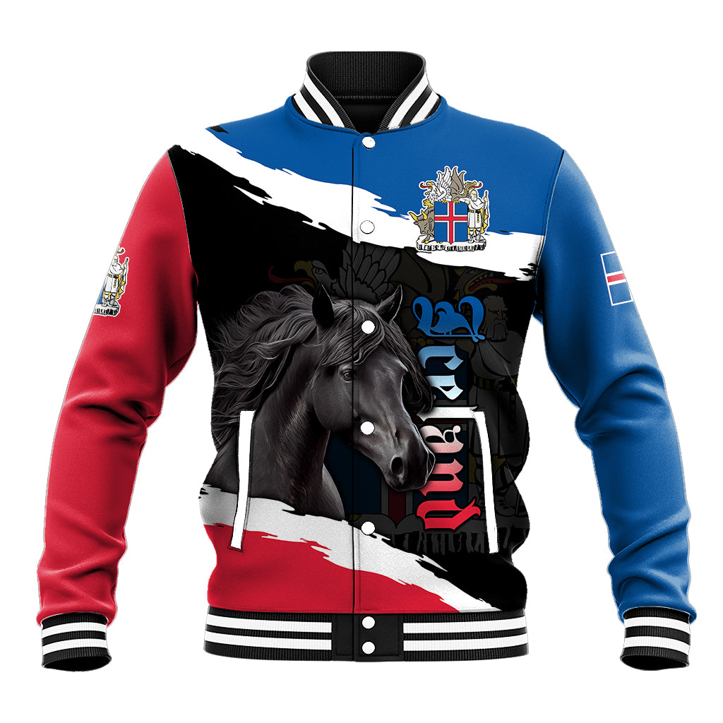Personalised Icelandic horse baseball jacket, front view with ribbed collar, horse crest print