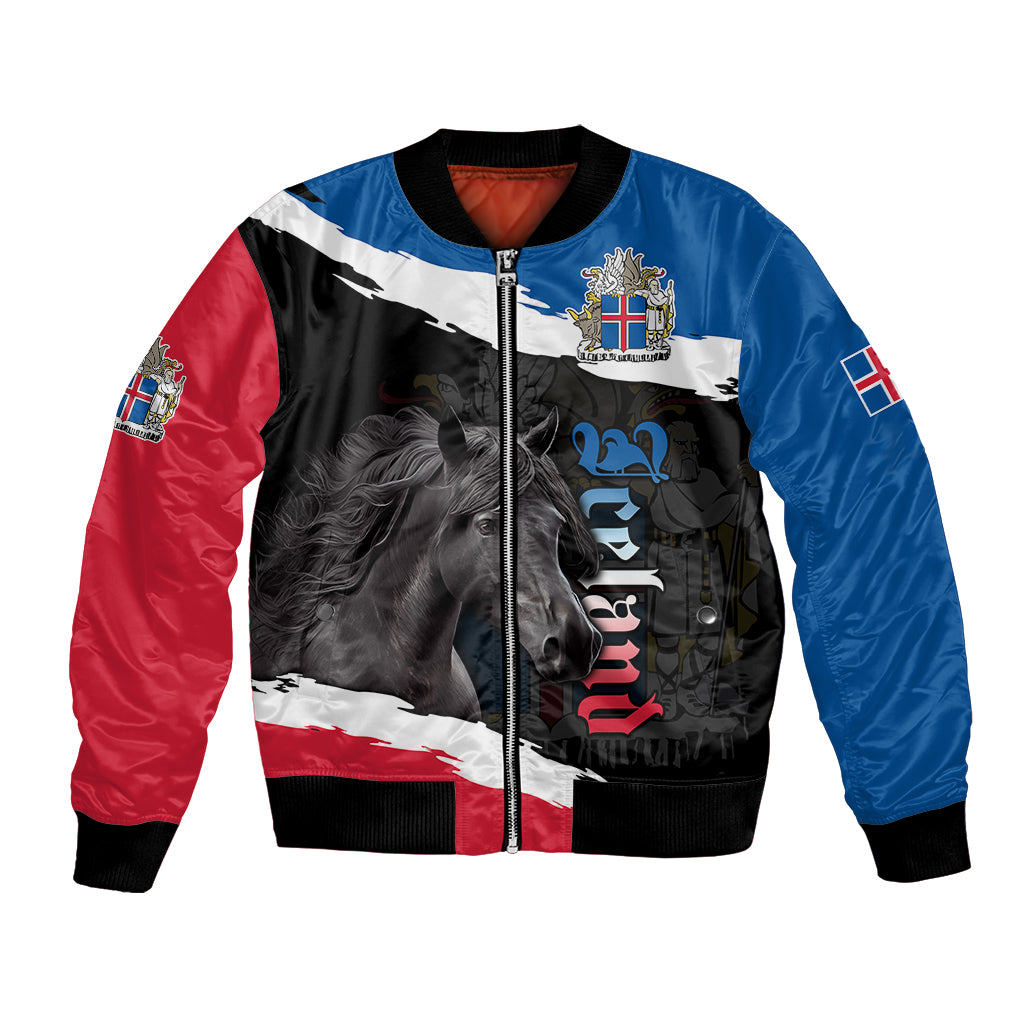 Unisex bomber jacket with zip front, horse graphic, Iceland crest, black ribbed trim
