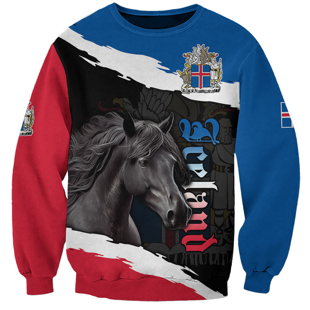 Unisex horse sweatshirt with crest and Norway flag colors, red/blue sleeves