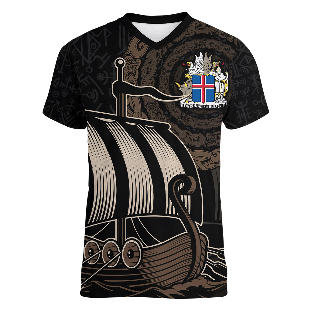 viking-iceland-coat-of-arms-women-v-neck-t-shirt-viking-norman-ship-crossing-the-sea