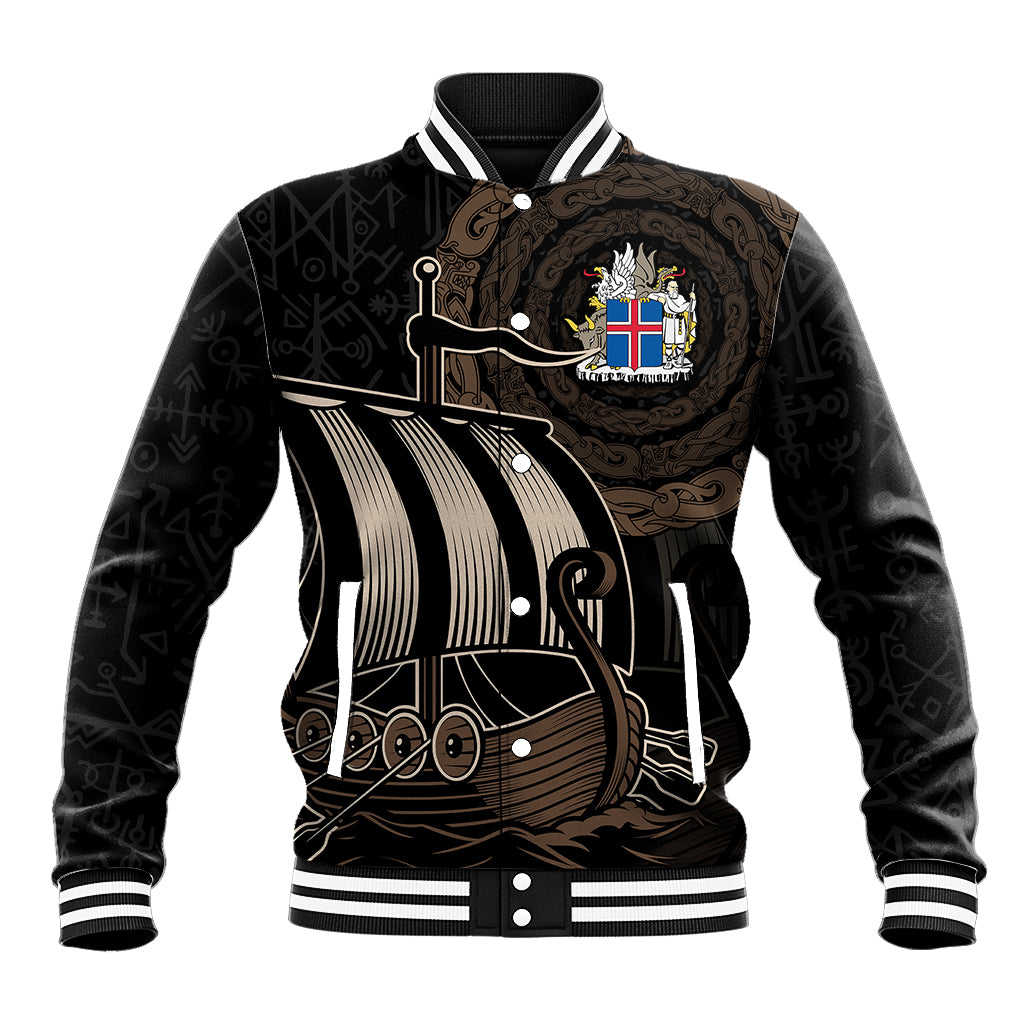 Black baseball jacket with ribbed collar, snap front, and Viking ship graphic