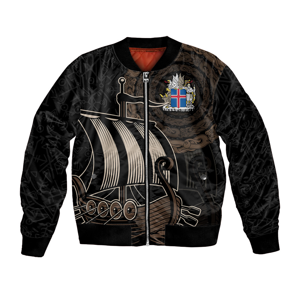 Black bomber jacket with zip front and Viking ship and crest graphic on chest