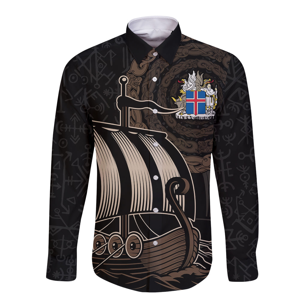 Black long-sleeve button shirt with Viking ship and coat-of-arms crest front print
