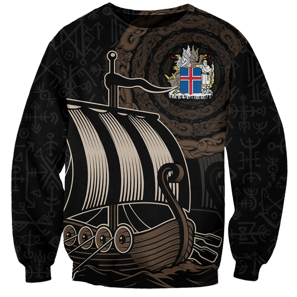 Black unisex sweatshirt with Viking ship and coat of arms crest graphic