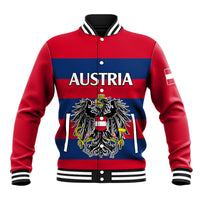 Red and blue varsity baseball jacket with 'AUSTRIA' graphic and striped ribbed collar