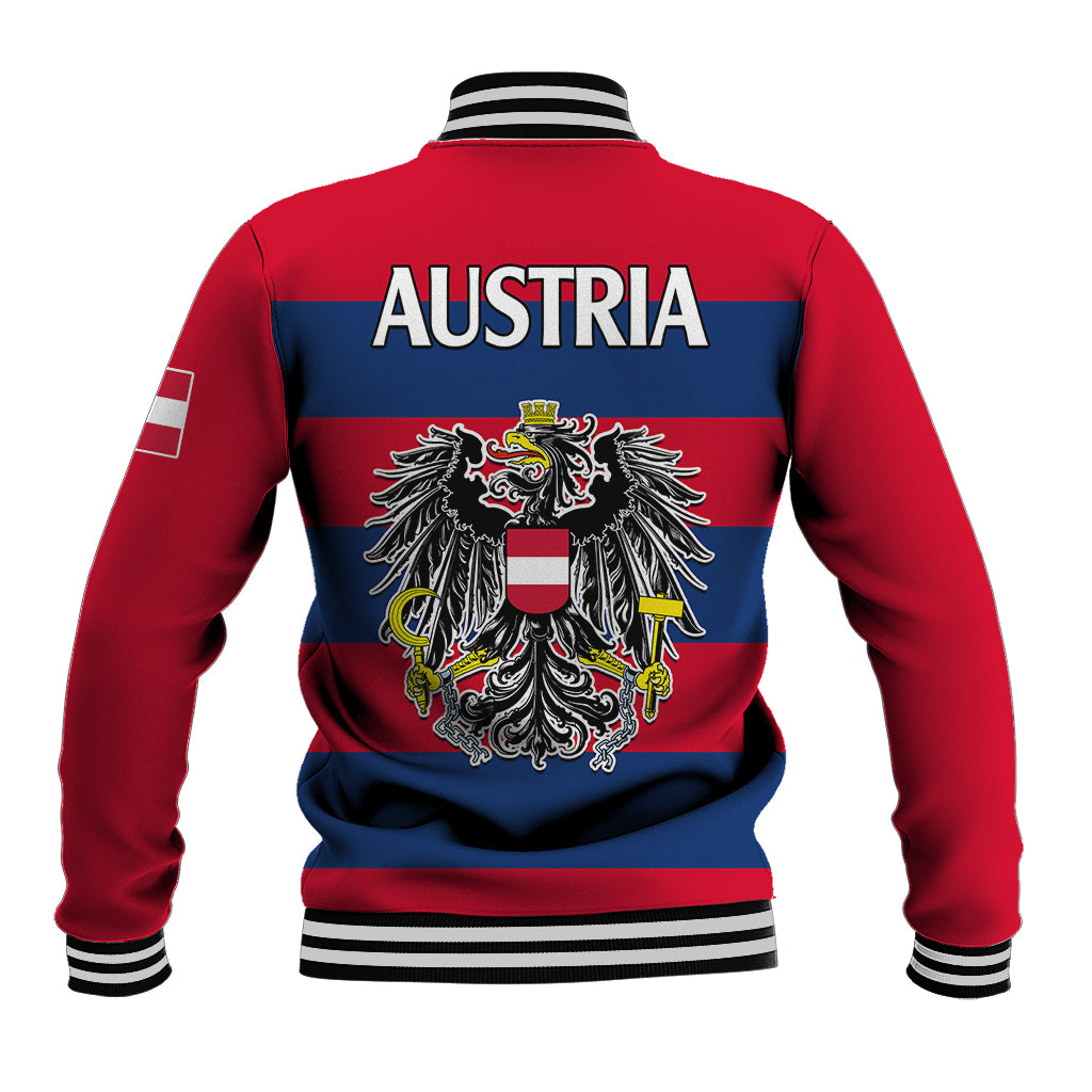 Red and blue baseball jacket with 'AUSTRIA' text and crest on back, striped ribbed hem