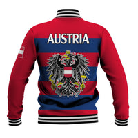 Red and blue baseball jacket with 'AUSTRIA' text and crest on back, striped ribbed hem