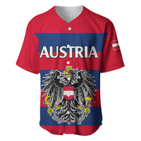 Red and blue baseball jersey with V-neck, buttons, AUSTRIA text, coat of arms crest