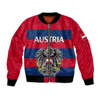Red bomber jacket with zip front, ribbed cuffs, and Austria flag eagle crest on front