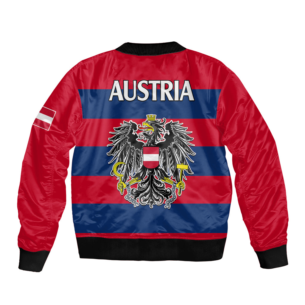 Red bomber jacket with ribbed collar and cuffs, Austria flag eagle crest on back