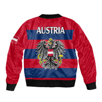 Red bomber jacket with ribbed collar and cuffs, Austria flag eagle crest on back