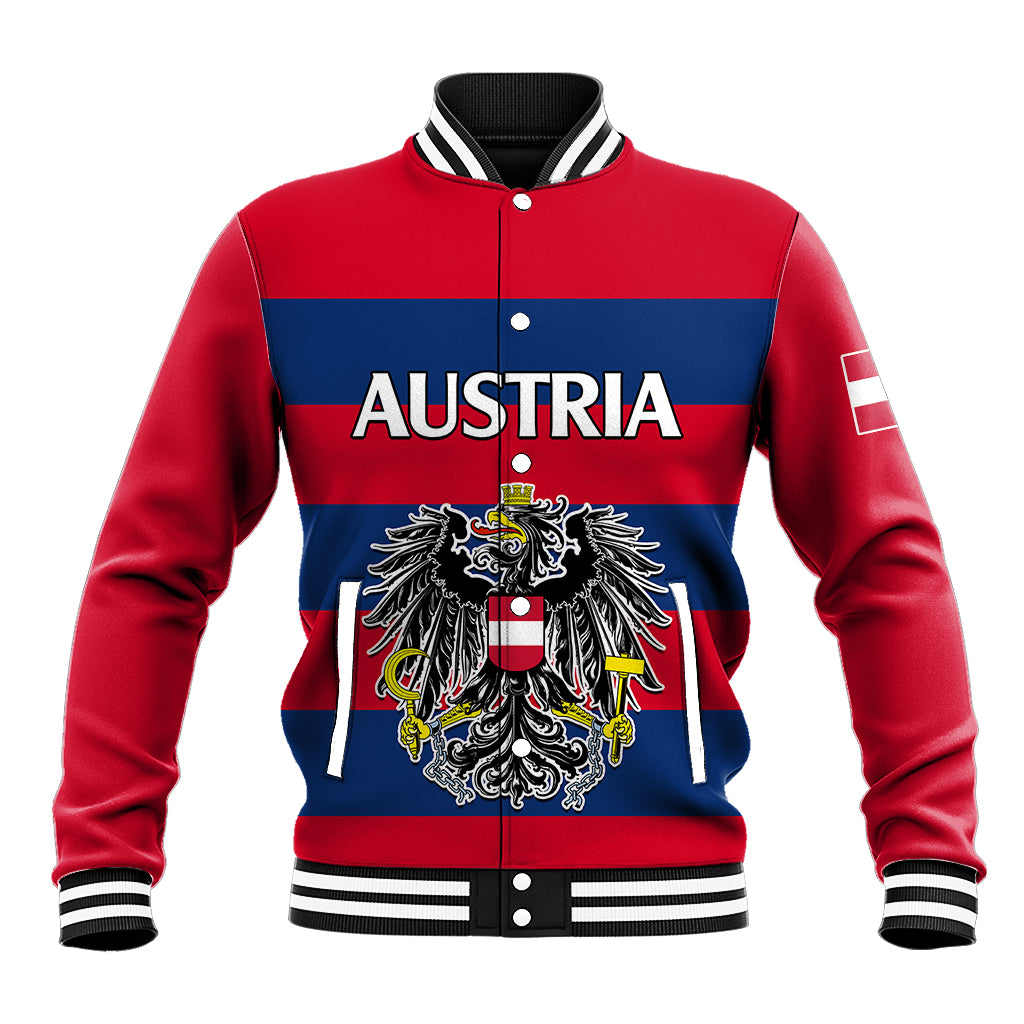 Red baseball jacket with Austria flag stripes, eagle crest, snap button front