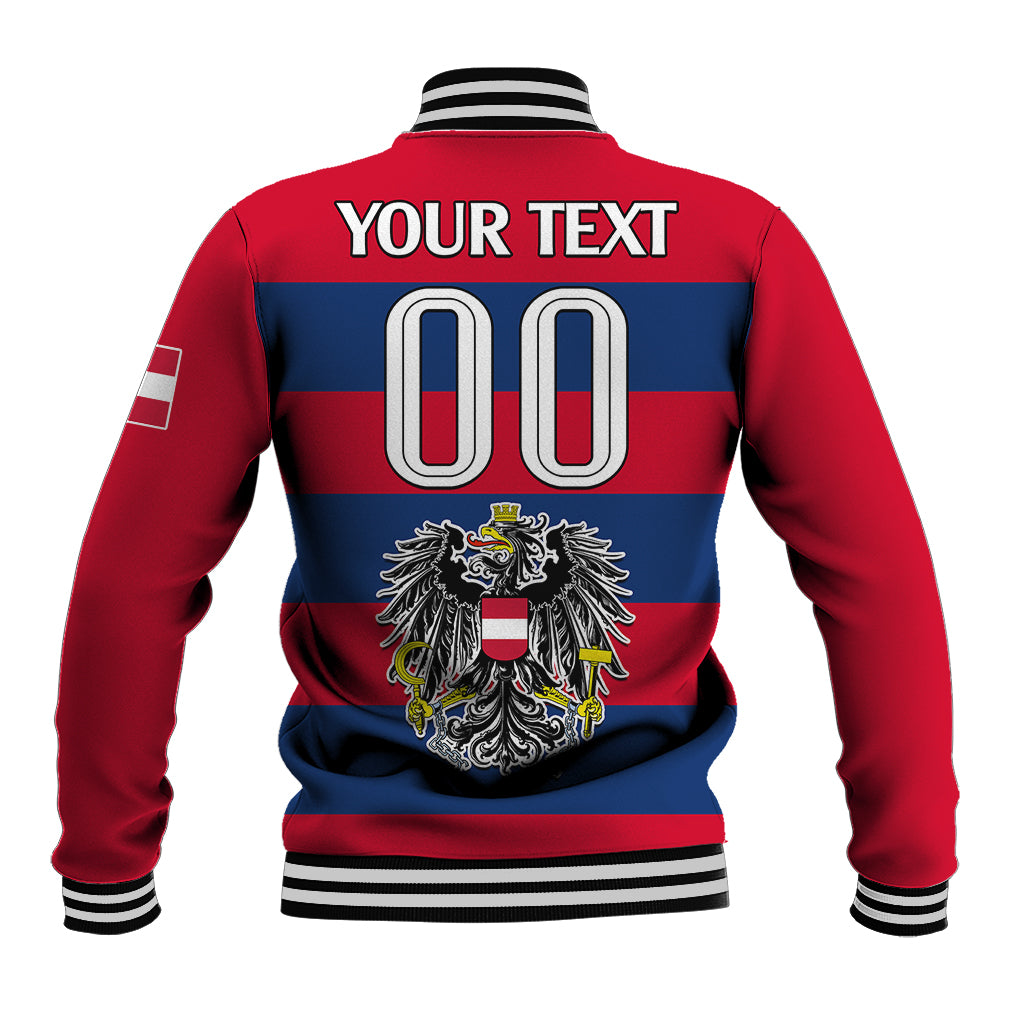 Red baseball jacket with blue striped back, eagle crest, YOUR TEXT 00, snap buttons