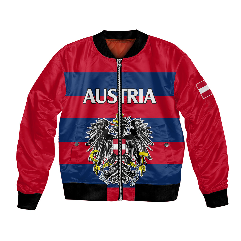 Red bomber jacket with blue flag panel, front zipper, AUSTRIA text and coat-of-arms