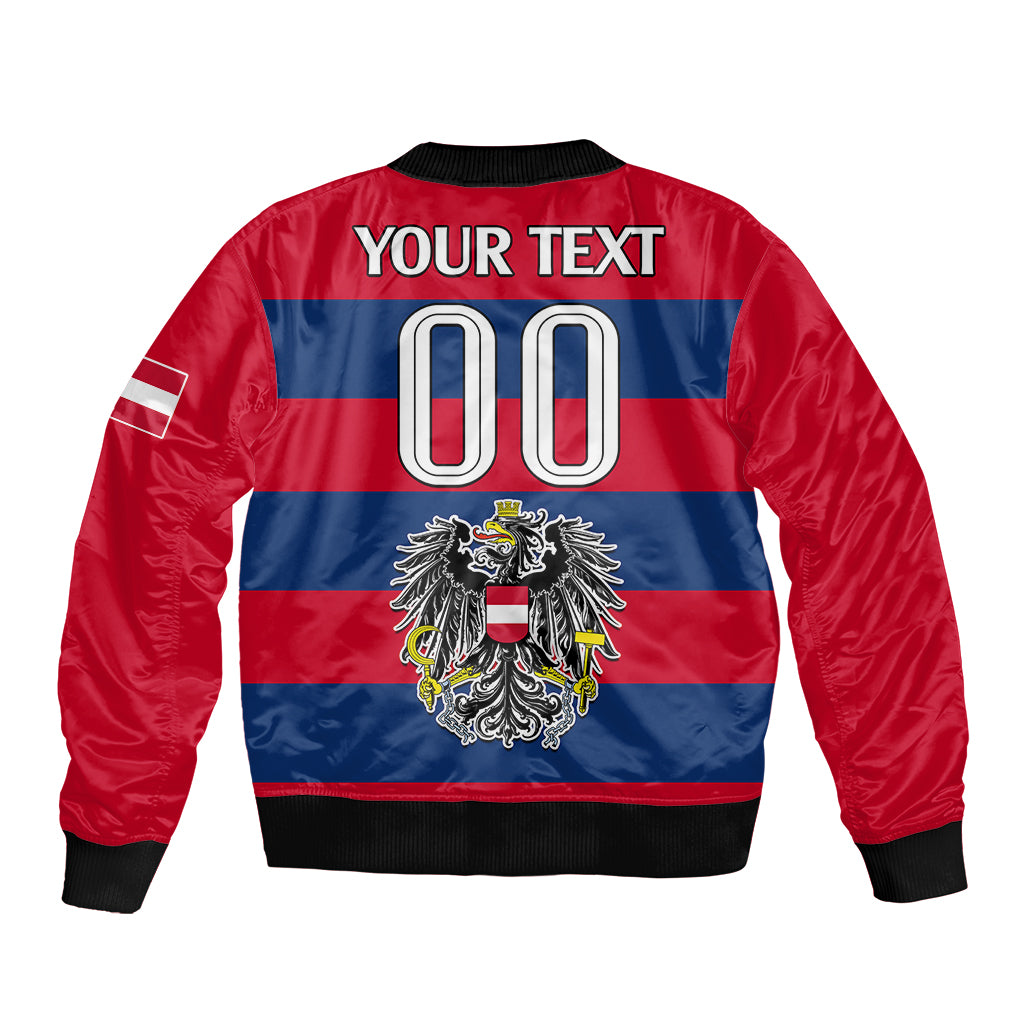 Red bomber jacket with blue flag back panel, YOUR TEXT, large 00, coat-of-arms emblem