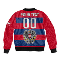 Red bomber jacket with blue flag back panel, YOUR TEXT, large 00, coat-of-arms emblem