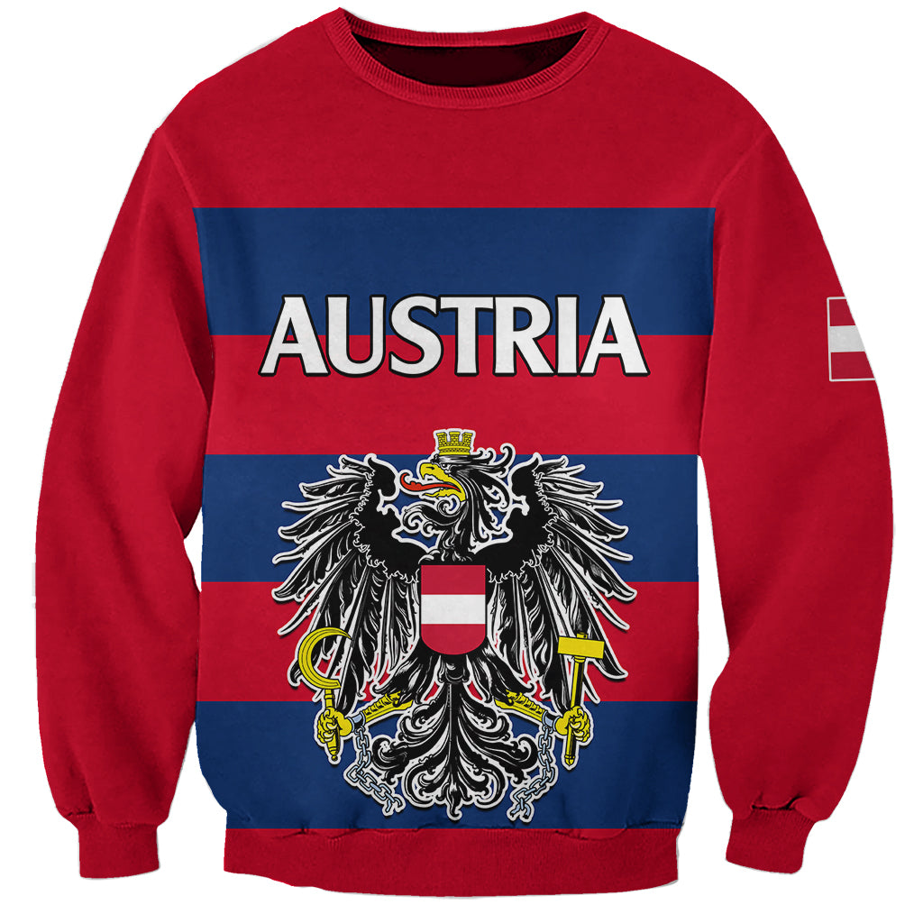 Red unisex sweatshirt with Austria text and coat-of-arms on striped panel