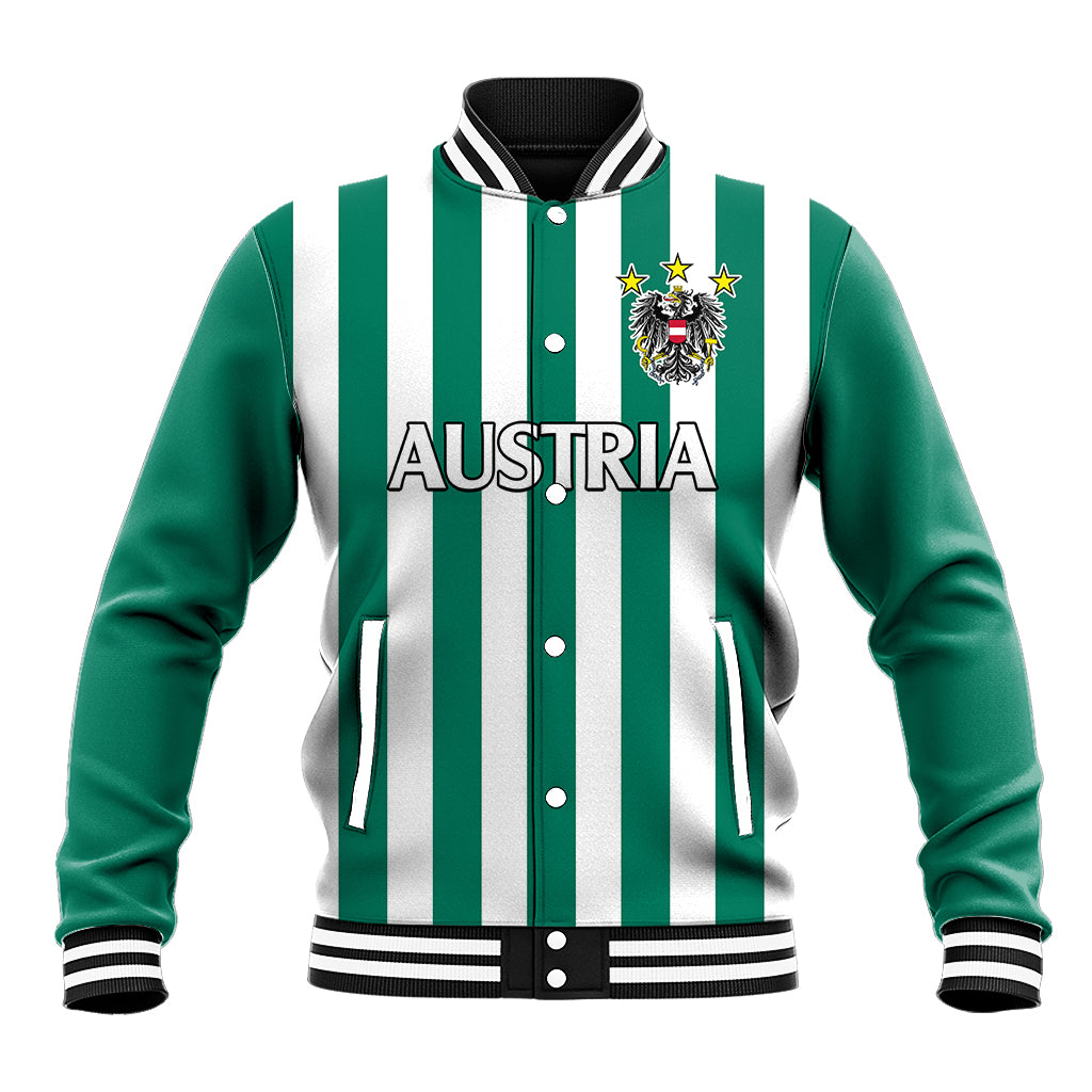 Green baseball jacket with white vertical stripes, AUSTRIA text, crest on chest.