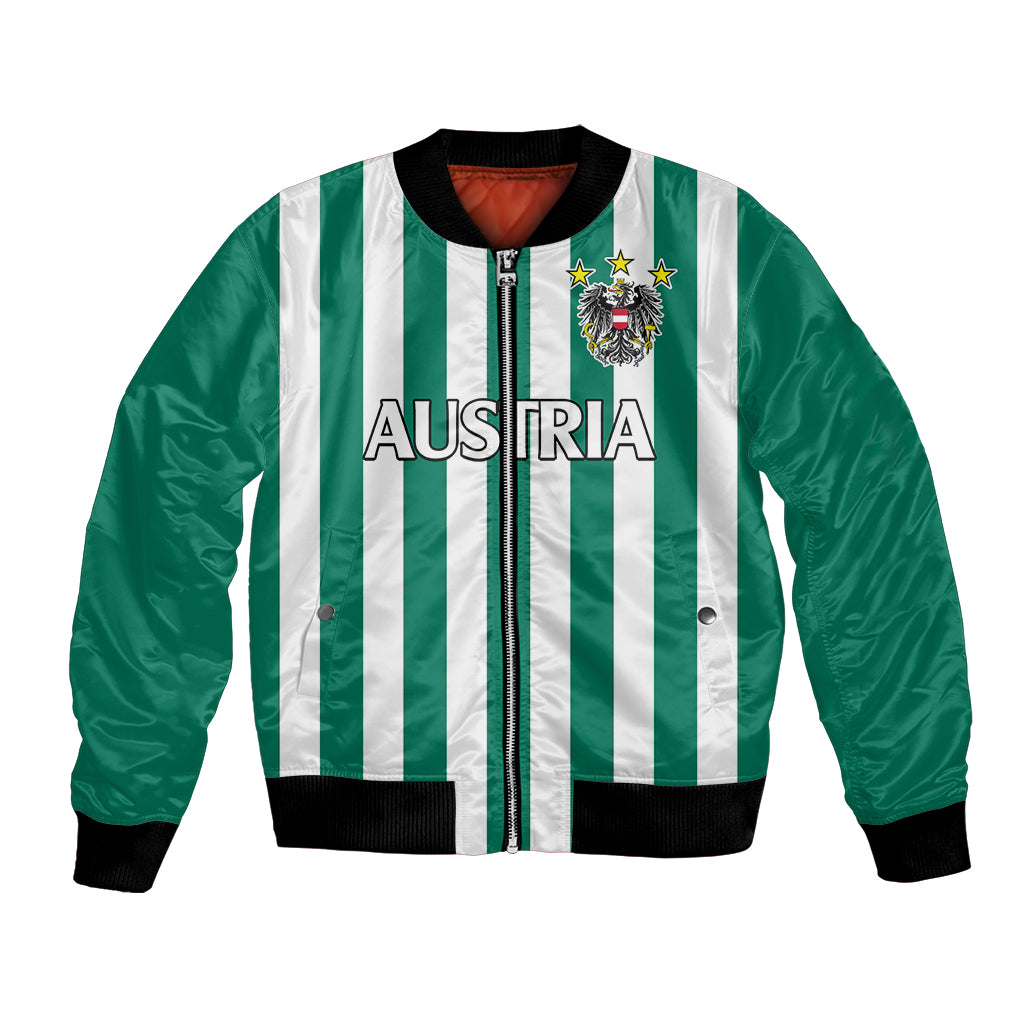 Green bomber jacket with white vertical stripes and Austria crest on front