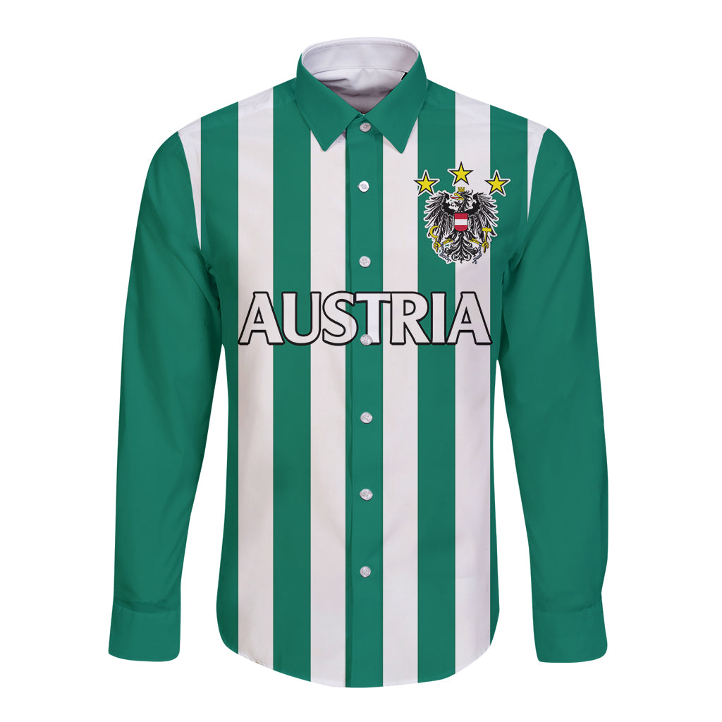 Green and white striped long-sleeve button shirt with AUSTRIA print and crest on chest