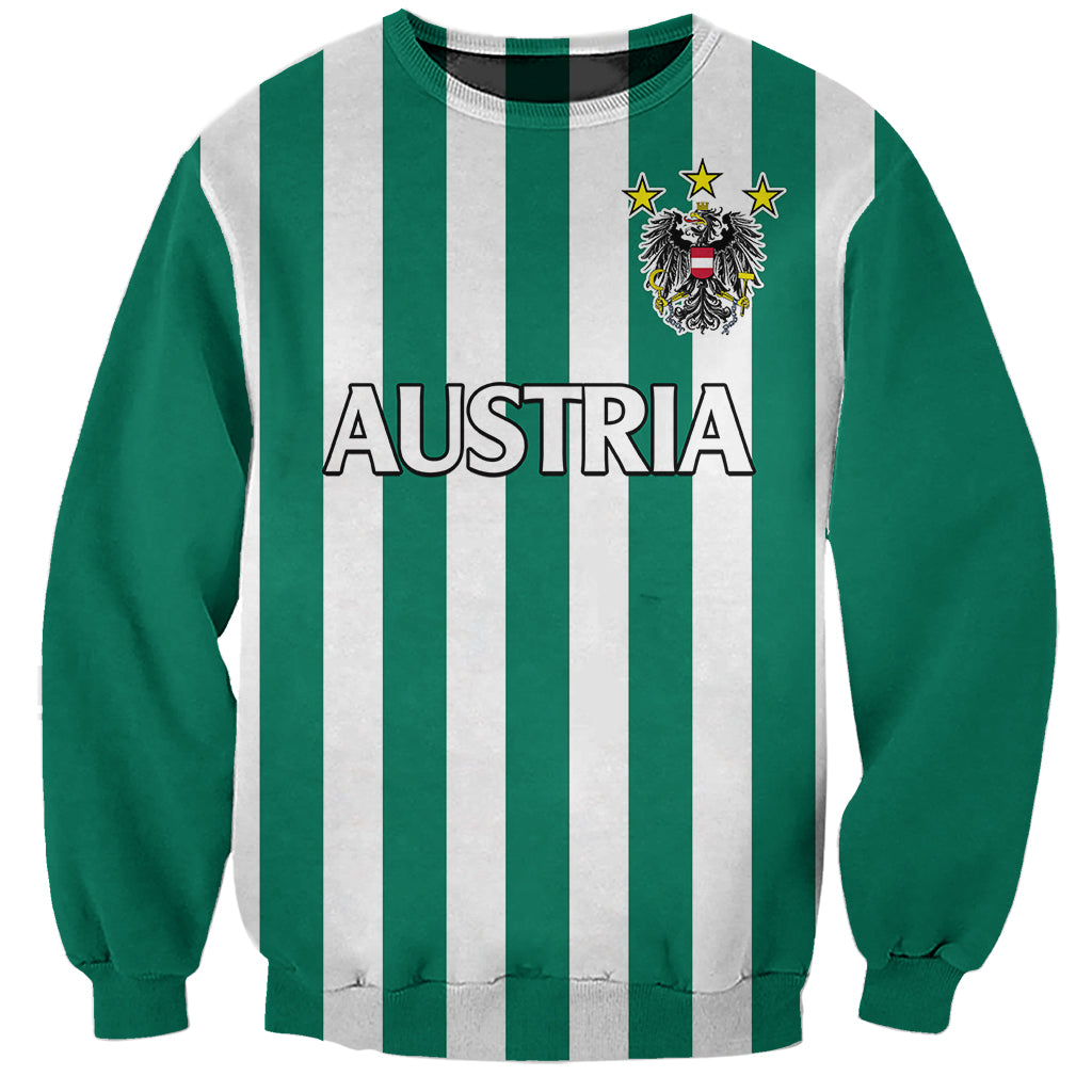 Green and white striped sweatshirt with Austria text and coat of arms crest