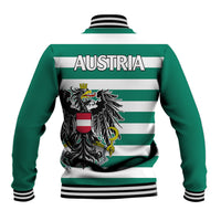 Green varsity baseball jacket with striped back, large Austria crest, and ribbed cuffs