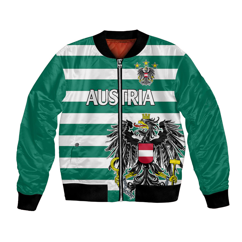 Green bomber jacket with Austria flag stripes, front zipper, embroidered crest and shield