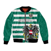 Green bomber jacket with Austria flag stripes, front zipper, embroidered crest and shield