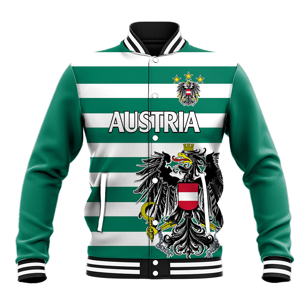 Green baseball jacket with white stripe bands, snap front, AUSTRIA crest graphic