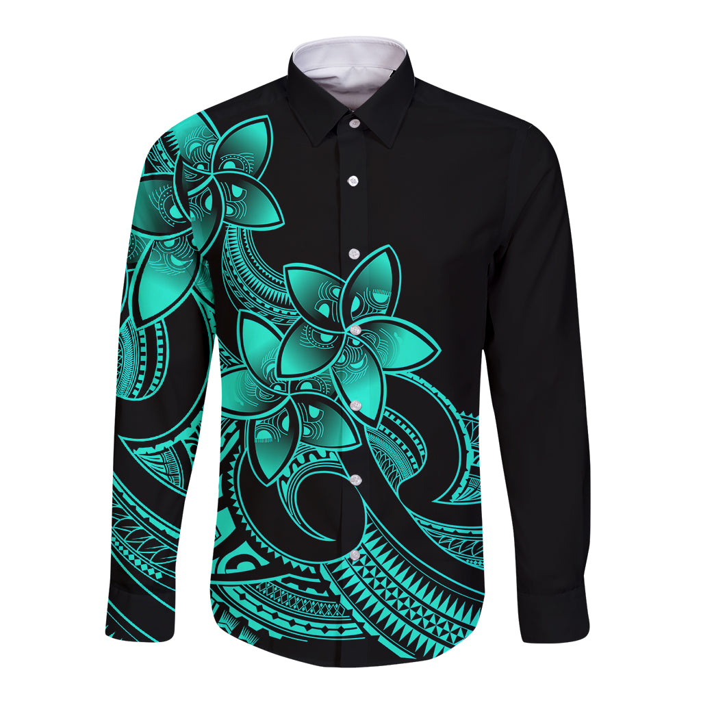 Unisex long-sleeve button shirt, black with aqua plumeria-style tribal print
