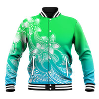 Green baseball jacket with white/teal plumeria print, ribbed striped collar and cuffs