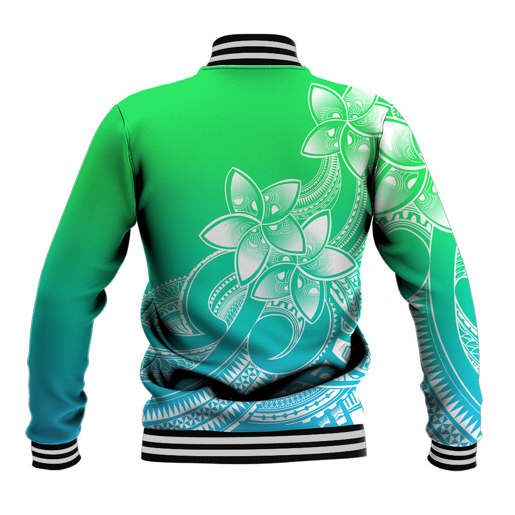 Green baseball jacket with large white/teal plumeria back print, ribbed striped hem and cuffs