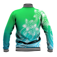 Green baseball jacket with large white/teal plumeria back print, ribbed striped hem and cuffs