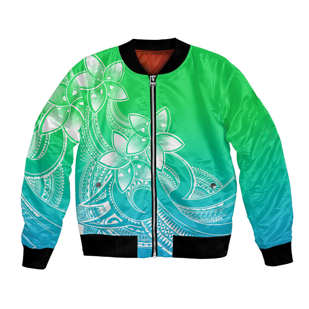 Unisex green-to-teal bomber jacket with front zipper, ribbed cuffs, white plumeria tribal print