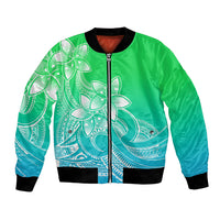 Unisex green-to-teal bomber jacket with front zipper, ribbed cuffs, white plumeria tribal print