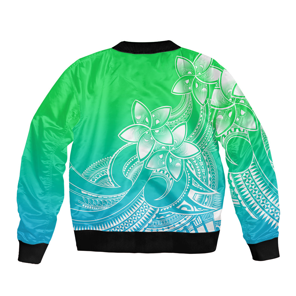 Unisex green-to-teal bomber jacket with ribbed collar and cuffs, large white plumeria back print