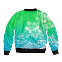 Unisex green-to-teal bomber jacket with ribbed collar and cuffs, large white plumeria back print
