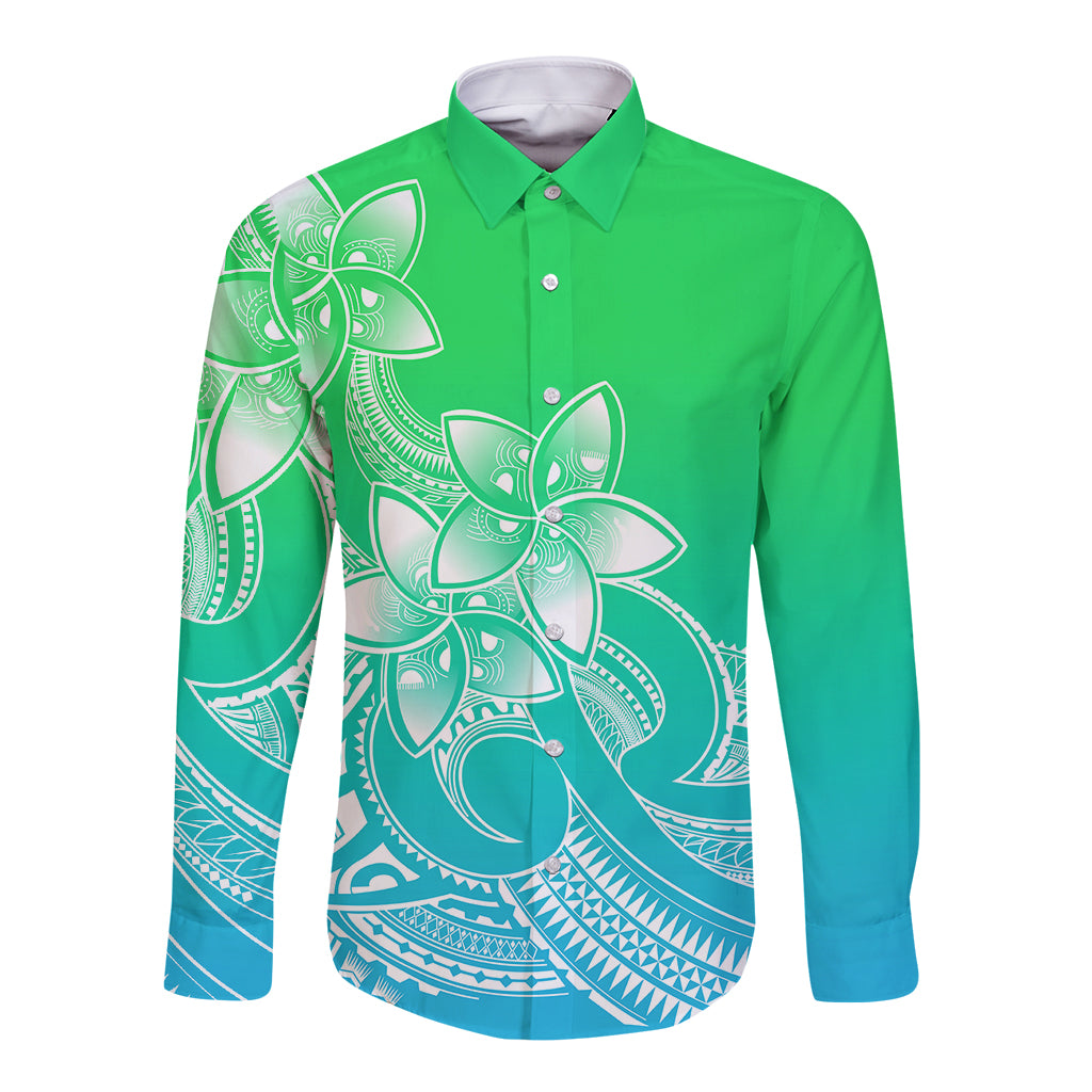 Unisex green long-sleeve button shirt with white plumeria tribal gradient print