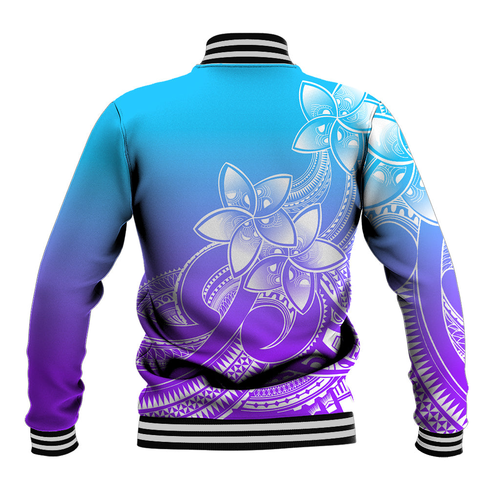 Baseball jacket back view with blue-to-purple gradient, white plumeria tribal graphic, ribbed cuffs